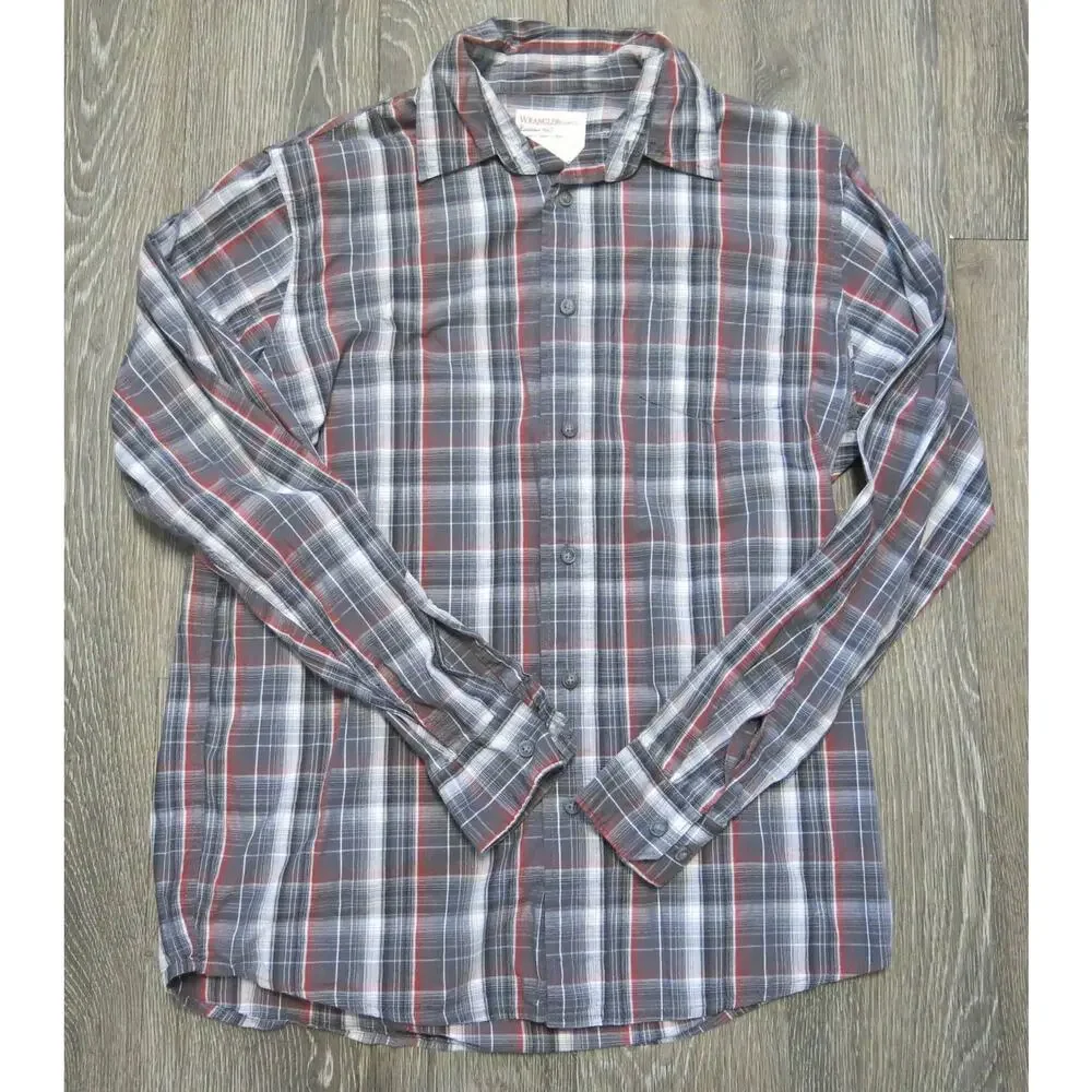 WRANGLER JEANS CO Button Down Plaid Shirt Size M Men Long Sleeve Gray Red Multi